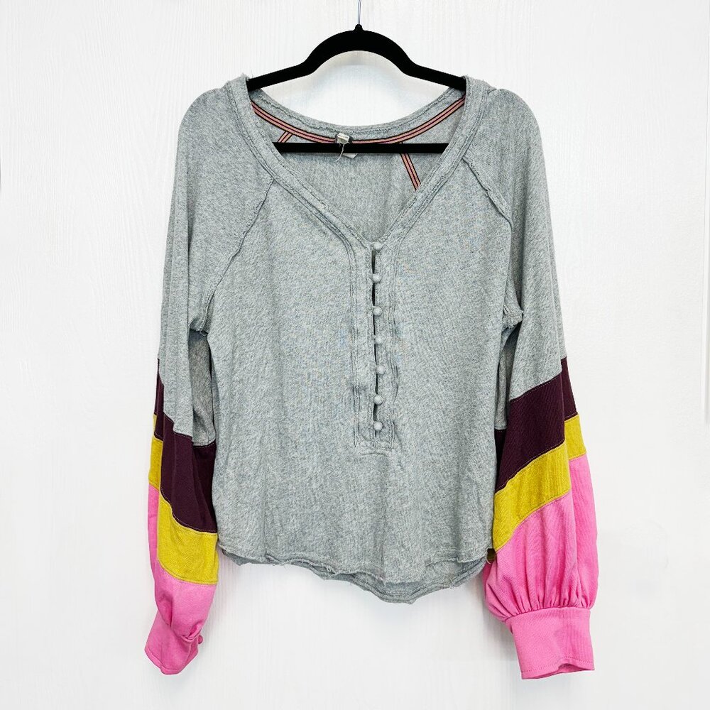Free People Colorblock Balloon Sleeve Gray Top Sz. M